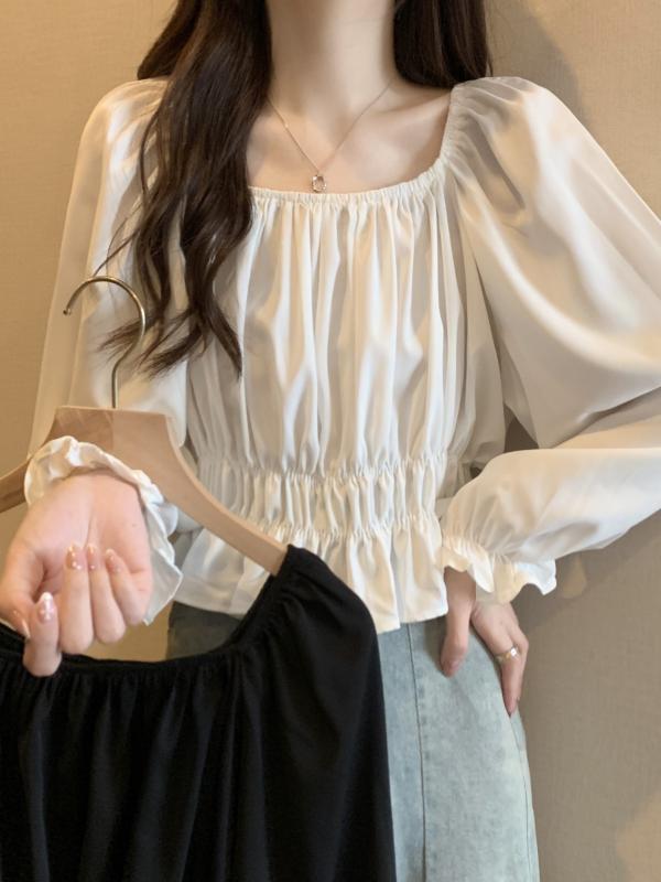 レディース トップス かわいい 春夏 ホワイト シフォン スクエアネック パフスリーブシャツ レディース 春 大きいサイズ 太め mm ショート スタイル お腹 カバー スリム フレンチ レトロ トップス