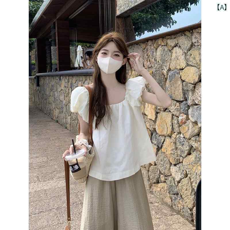 帽子 オシャレ レディース メンズ フランスの 優しい アプリコット スクエアネック パフスリーブシャツ 女性 夏 ゆったり 半袖 ベビー ドール シャツ ショート トップ