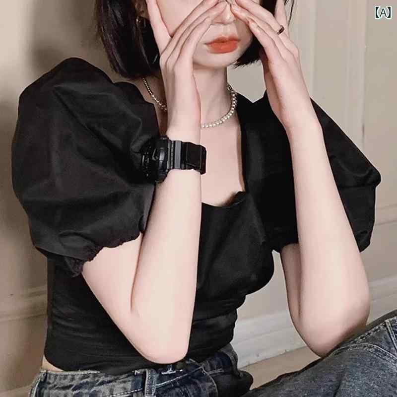 トップス シフォン シャツ 春夏 レディース ブラウス トップス シフォン シャツ 春夏 レディース ブラウス ブラック スクエアネック 半袖 Tシャツ レディース 夏 2025 フレンチ パフスリーブ スリム ハイエンド ショート トップ
