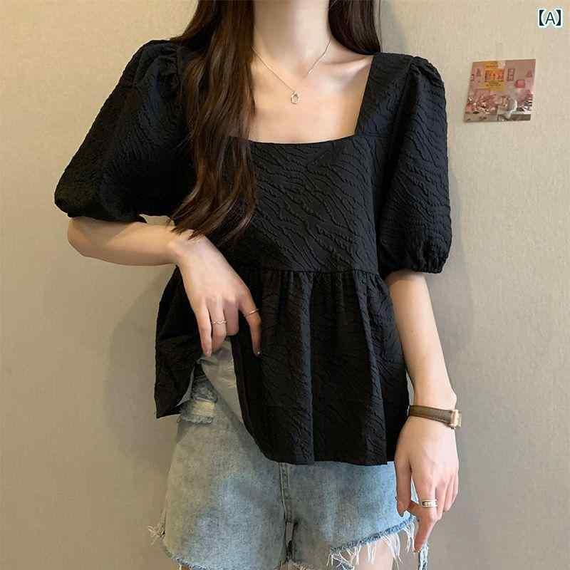 レディース トップス かわいい 春夏 フレンチ パフスリーブ スクエアネック シャツ 2025 夏 スリム シンプル ファッション トップス