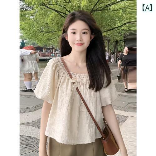 レディース トップス かわいい 春夏 夏用の 小さい フレンチ レース シフォンシャツ ハイエンドで スリム パフスリーブの ショート トップス な