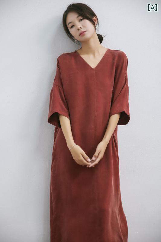 ブラウス ワンピ シャツワンピ ロング マキシ マキシワンピース 着痩せ 体型カバー 2025夏 ヘビー 銅 ..