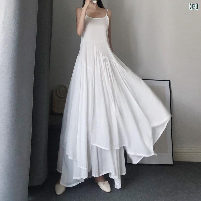 ブラウス ワンピ シャツワンピ ロング マキシ マキシワンピース 着痩せ 体型カバー 夏の 女性用 コットン＆ リネン サスペンダー ドレス レトロ スタイル 足首までの マキシ スカート 丈長 不規則な スイング