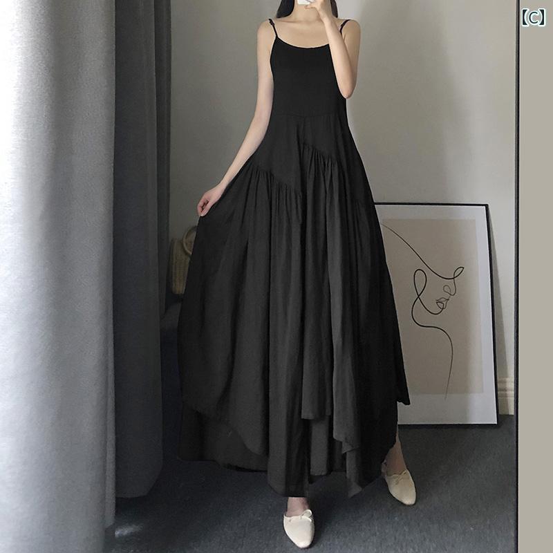 ブラウス ワンピ シャツワンピ ロング マキシ マキシワンピース 着痩せ 体型カバー 夏の 女性用 コットン＆ リネン サスペンダー ドレス レトロ スタイル 足首までの マキシ スカート 丈長 不規則な スイング