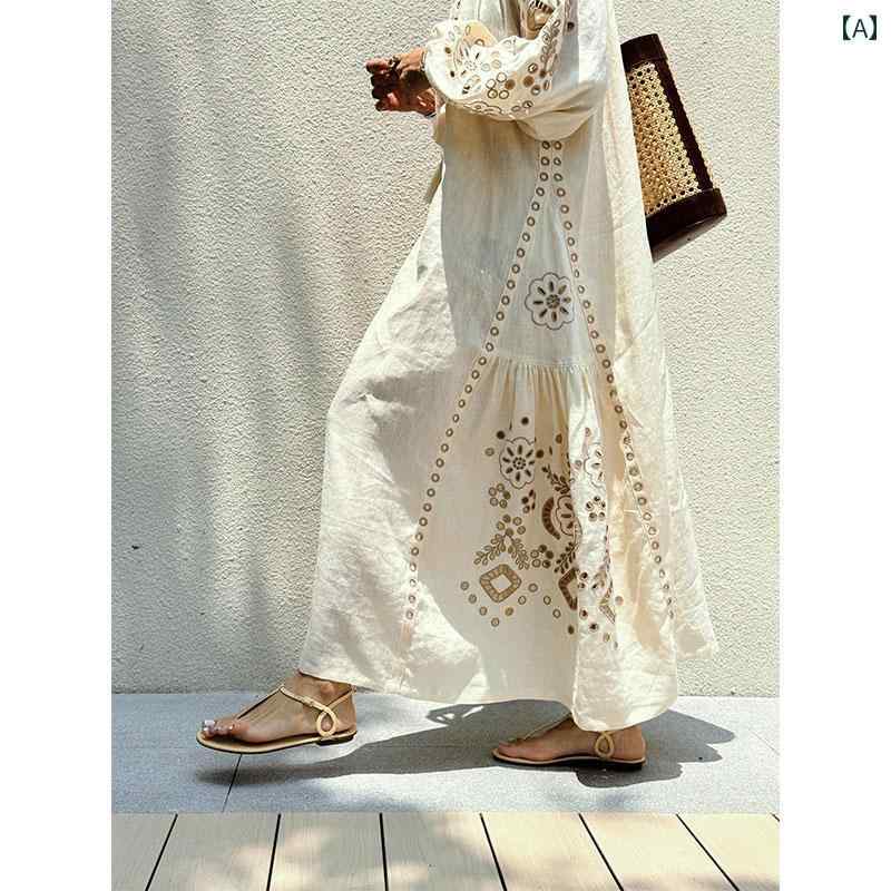 ブラウス ワンピ シャツワンピ ロング マキシ マキシワンピース 着痩せ 体型カバー レトロ 精巧 ロマンチックな ビーチホリデー 刺繍入り リネン ドレス なの 膝丈 スカート