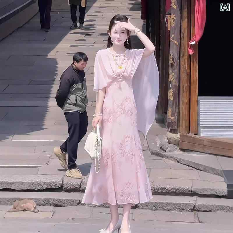ワンピース ドレス ロングワンピ きれいめ シフォン マキシ 長袖 半袖 中国 レディース ピンクの ドレス 2025 大きいサイズ 太い mm ウエスト 旗 ランニング 民族 風 ロング スカート(4)