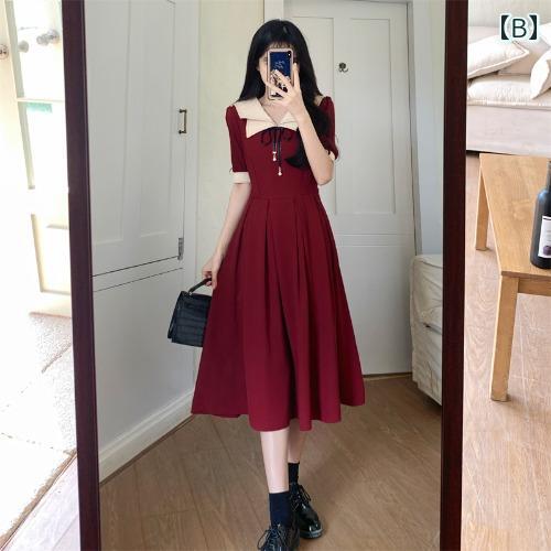 ワンピース ロングワンピ シフォンワンピ パフスリーブ フレアワンピース 春夏 半袖 長袖 2025夏の フレンチ レトロ ダブル カラー カレッジ 風 ロング スカート 大きいサイズ mm ウエスト レス