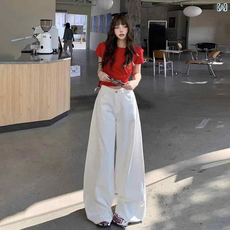ワイド パンツ オシャレ 農 格 ホワイト ジーンズ レディース 2025 春 ゆったり ドレープ ワイド レッグ パンツ ハイウエスト スリム モ ッピング ロング