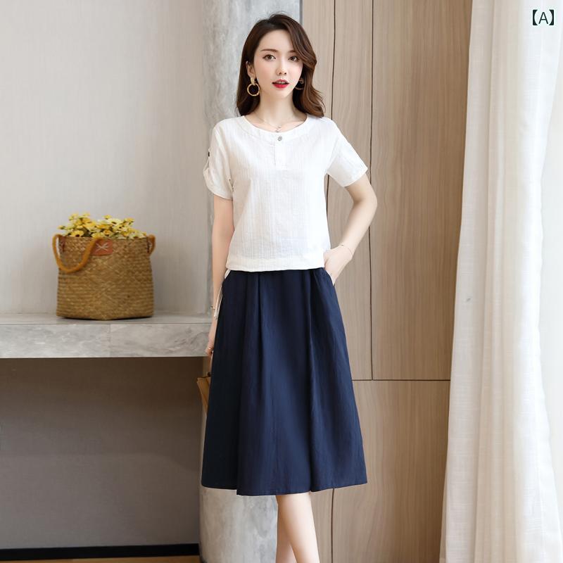 上下 レディース セット ワンピース セットアップ コットンリネン スーツ スカート 2025夏の 文学的で 優しい リネン ファッション スリム ツーピース ドレス レディース