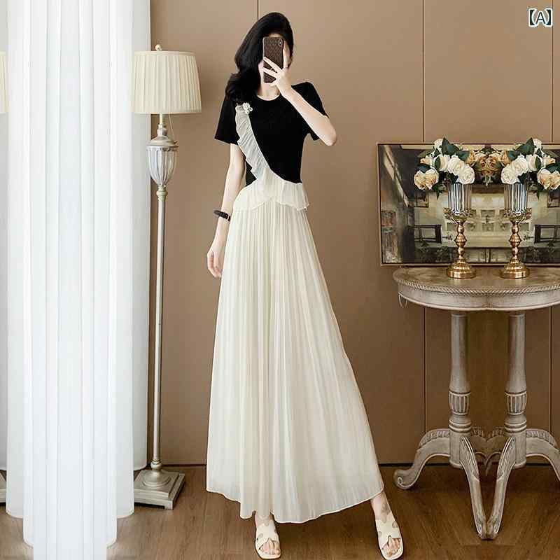 上下 レディース セット ワンピース セットアップ 夏の レディース ユニークで 美しい スーツ 洋 ナシ型の 体型 スリミング トップ シフォンスカートと パンツ ツーピース