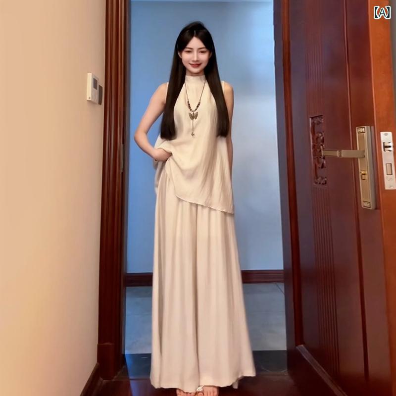 上下 レディース セット ワンピース セットアップ 2025夏の 女性用 新 チャイナ風 ノースリーブドレス 小さめ サイズ クールな 禅 スーツ スカート パンツの新 スタイル