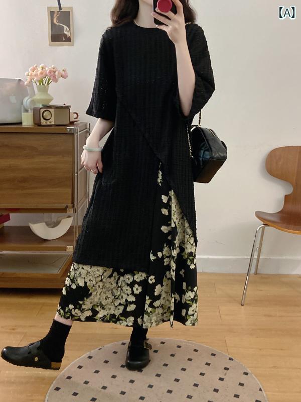 上下 レディース セット ワンピース セットアップ 不規則な スリットの トップス 花柄 スカート スーツ 女性用 夏 大きめ サイズ 太め mm レトロフレンチの ツーピース