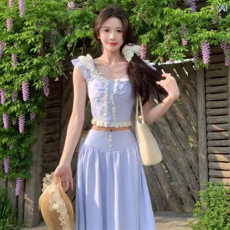 上下 レディース セット ワンピース セットアップ 韓国 甘くて 年齢を 減らす 木の 耳の 縁の 小さい 飛び 袖の 青い シャツ スカートの ツーピースの スーツ レディース 夏の 服装の 完全な セット