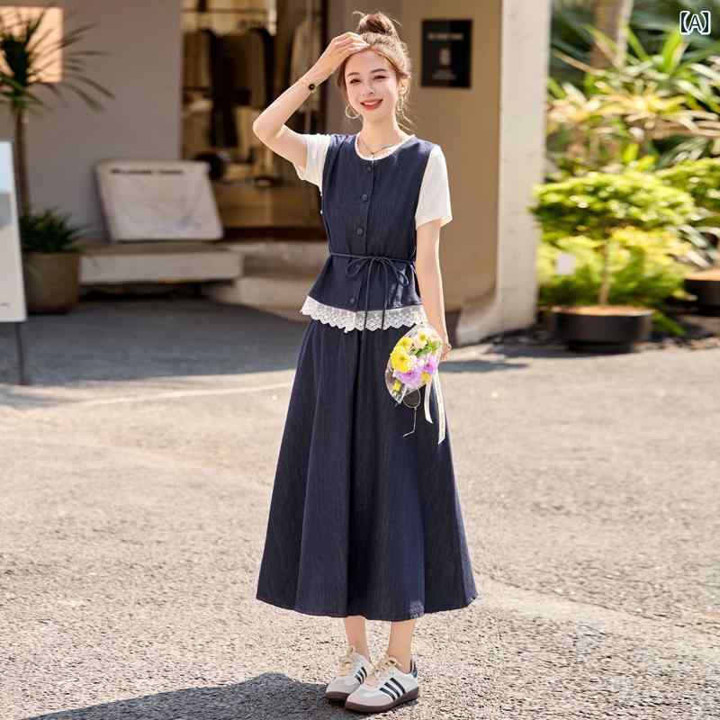 上下 レディース セット ワンピース セットアップ 風 レース パッチワーク ベスト デニムスーツ スカート レディース 2025夏 韓国 ウエスタン スリーピーススーツ