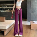 ワイドパンツ フレアパンツ ベルボトム 裾広 メロウ La Chapelle 冷感 フレア マスク パンツ レディース 夏 薄手 ハイウエスト ドレープ モップ スポーツ レジャー ウォーキング フレアパンツ