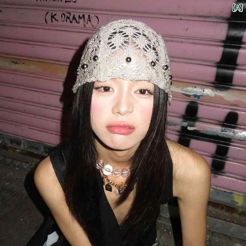 ターバン 帽子 スカーフ 25 春夏 韓国 ヘッドスカーフ レトロ ビーズの 包 頭 帽子 女性用 春と 夏 薄手 手編みの パイル 文学的でで 通気性の ある ニット