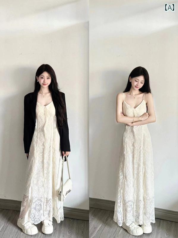 パーティードレス ロングワンピース ミモレ丈 レース シースルー 韓国 早春の 服装の 美しい スーツ スカート ティーブレイク フレンチ 小さい レースの サスペンダー ドレス 女性