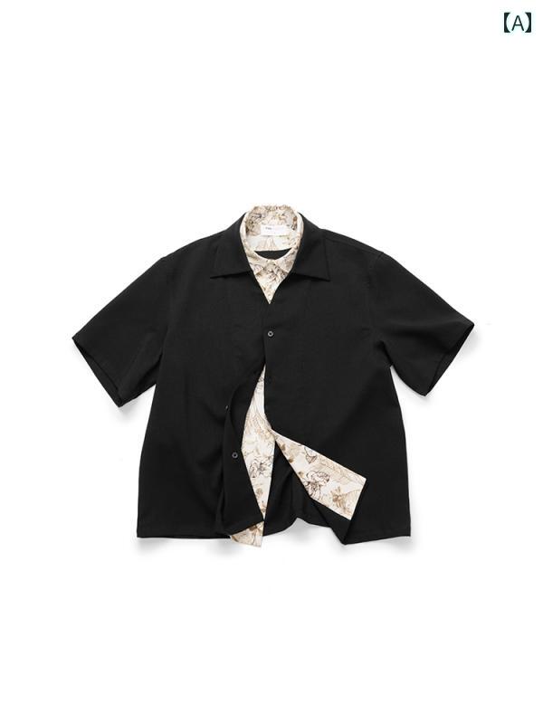 メンズ シャツ オックスフォード オールシーズン トップス OkayThxBye リネン フラワーカラー エレガントな ワンピース カラー フェイク ツーピース メンズカジュアル 半袖 シャツ トップス