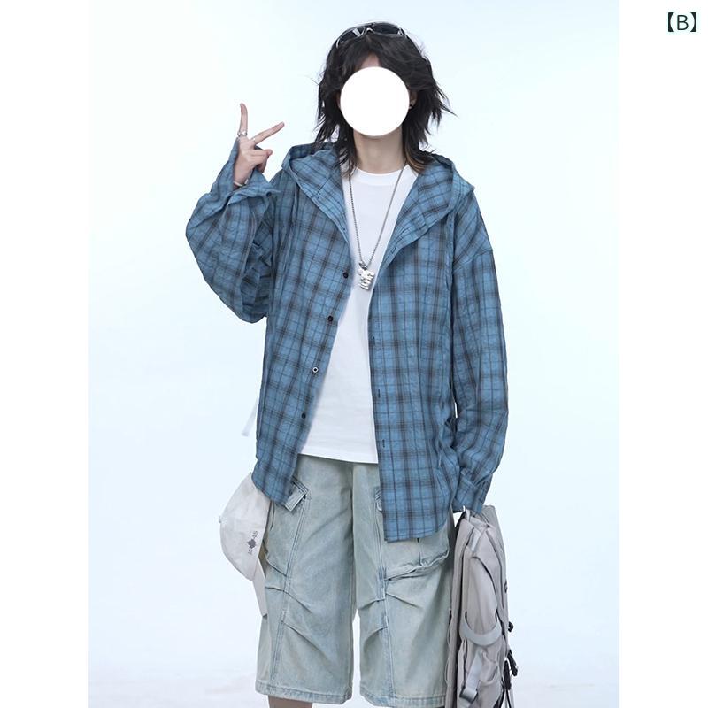 メンズ シャツ オックスフォード オールシーズン トップス 男性用 グレーの フード付き チェック 柄 長袖 シャツ 高級で な 日焼け防止 ゆったり ドレープの カジュアル ジャケット