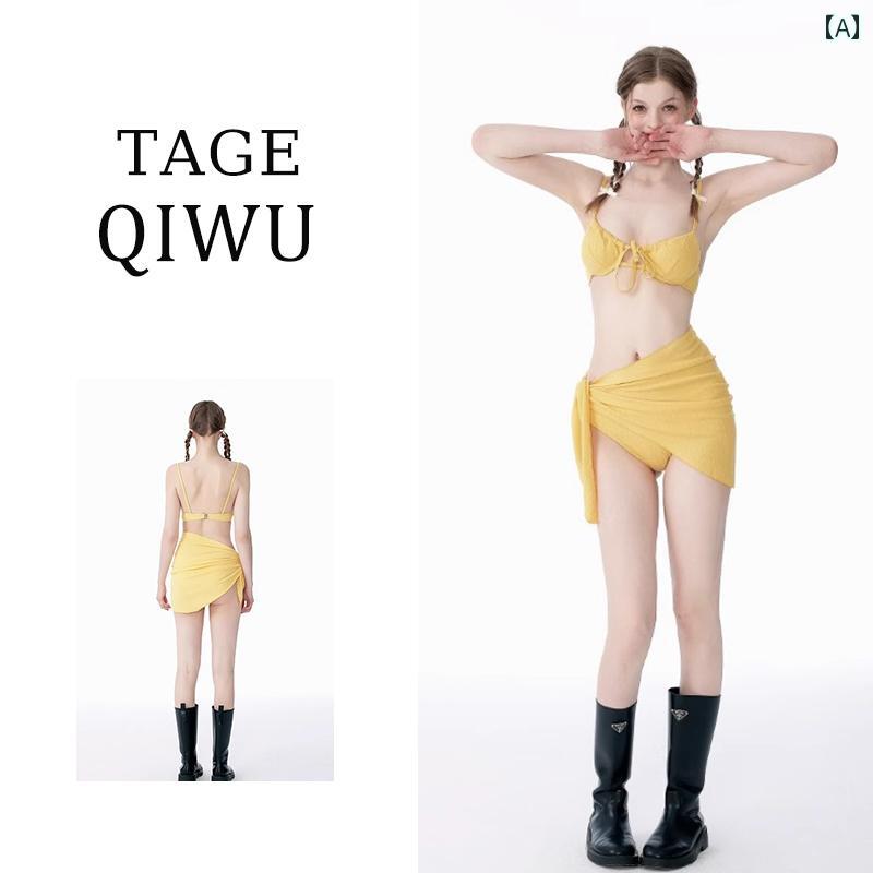 水着 レディース タンキニ 2025夏の スプリット 水着 レディース イエロー ホワイトニング小 胸 ギャザー セクシー スリーピース ビキニ