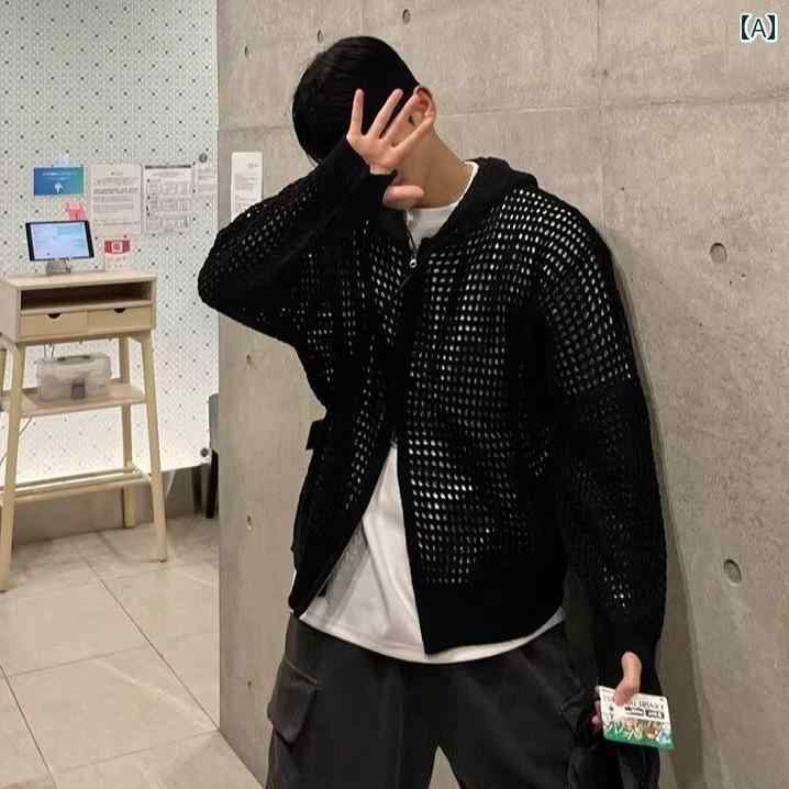 ニットカーディガン サマーカーディガン オフィス ビジネス カジュアル アメリカン レトロ フード付き セーター メンズ 夏 薄手 ゆったり スタイル 日焼け防止 ジャケット