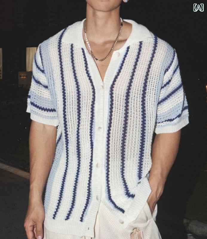 ニットカーディガン サマーカーディガン オフィス ビジネス カジュアル アメリカン ストライプ ニットカーディガン メンズ メッシュ シースルー 半袖 シャツ ゆったり カジュアル ワークウェア セーター