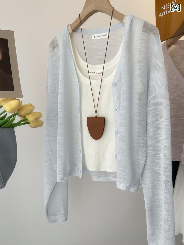 ニットカーディガン サマーカーディガン オフィス ビジネス カジュアル 杭 州 オール シーズン 青 レデ..