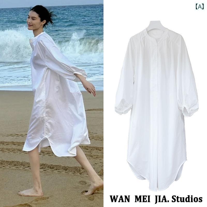 大人 オシャレ 服 何 隋 同じ フランスのの 白い シャツ ドレス レディース 海辺の 休暇の 夏