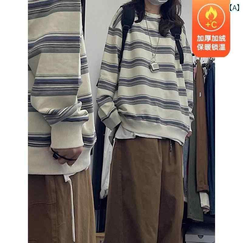 レディース トップス 春の レディース ストライプ ラウンドネック 薄手 セーター 対照的な 色 レトロ ..