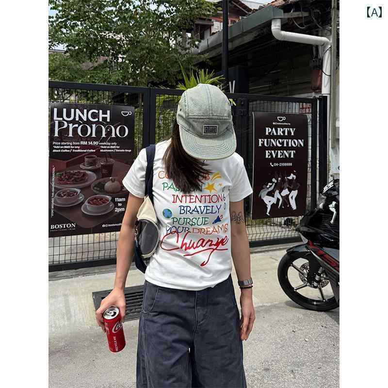 レディース トップス 川 葉 佳 文字 プリント ストレート ショルダー ラウンドネック 半袖 Tシャツ 女..