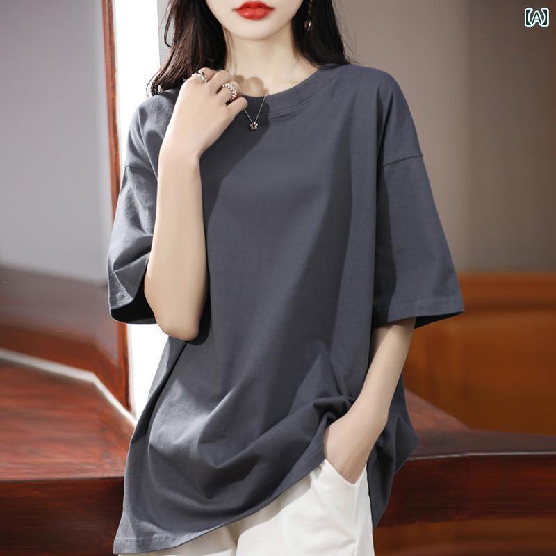 レディース トップス 綿 半袖 Tシャツ レディース ラウンドネックプルオーバー カジュアル ドロップ シ..