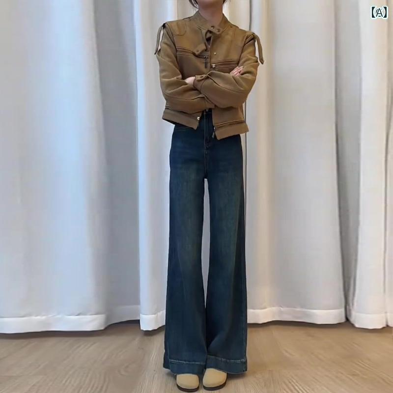 レディース パンツ オシャレ 春の レディース レトロ ブルー ストレート ジーンズ 小柄な ゆったりした 細身の ワイド レッグ パンツの ハイウエスト スリム フレアパンツ