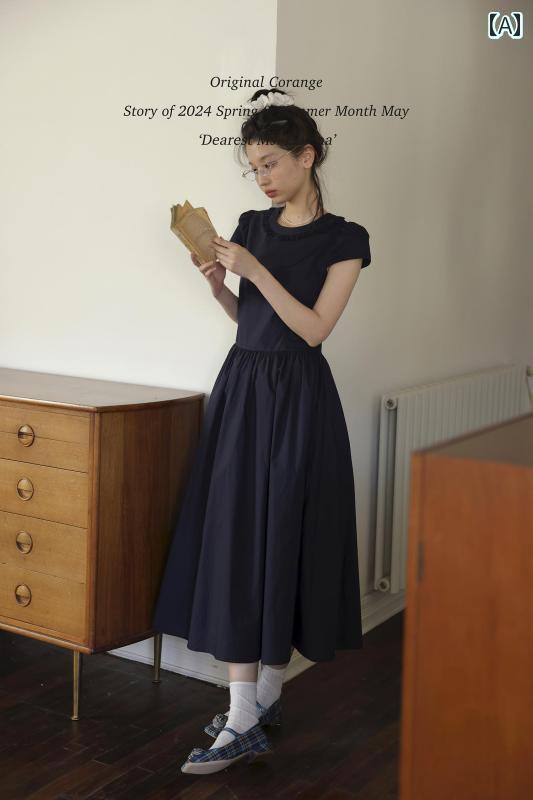 レディース ワンピース / オレンジ 半袖 ラウンドネック キノコ レース ウエスト レトロ ガーリーな a..