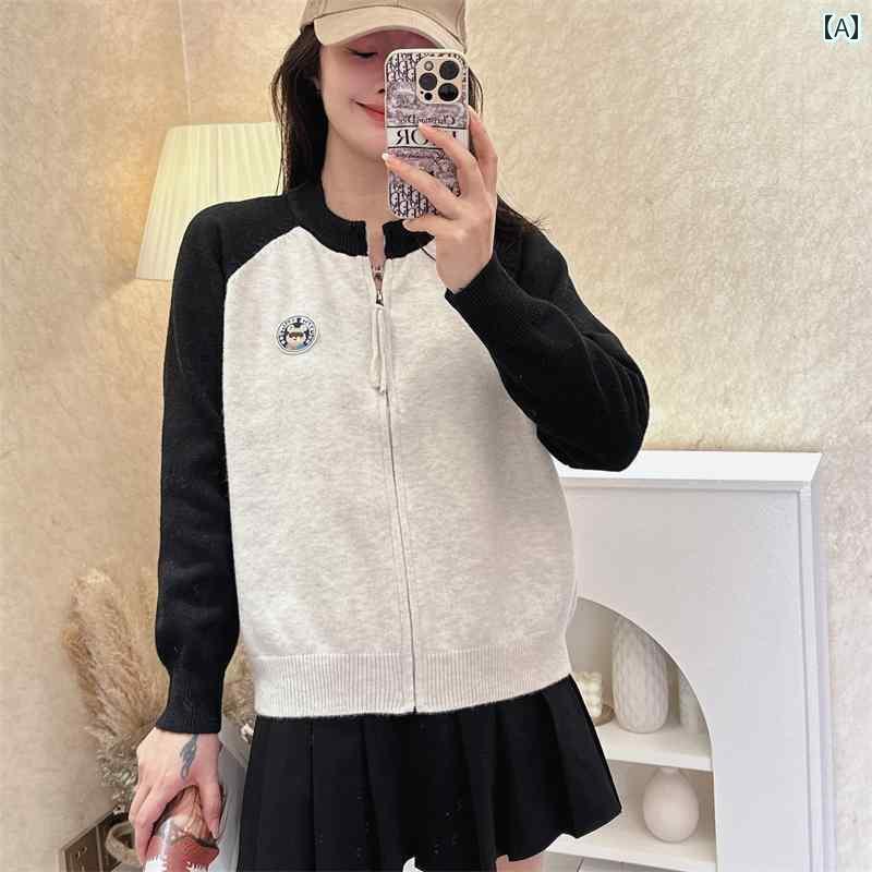 レディース トップス オシャレ 刺繍入り クマの ラグランスリーブ カラーマッチング ラウンドネック ジ..