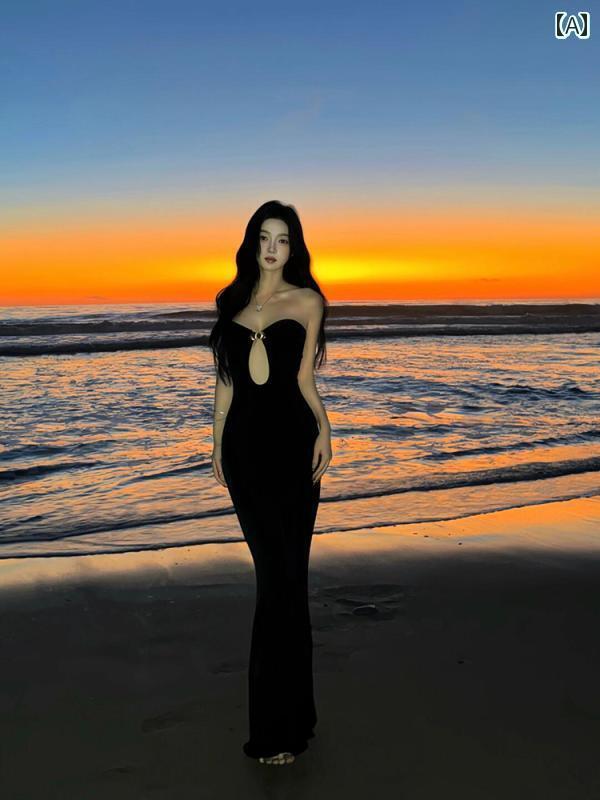 なの ホット ガールの 黒の チューブ トップ スリム ヒップ ドレス レディース 夏の 海辺の 魅惑的 写真 ロング スカート(4)