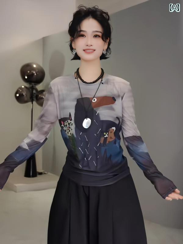 レディース トップス グラフィティアート 日焼け防止 長袖 Tシャツ 女性 レイヤリング シャツ 春と 夏 ドーパミン トップ 2025 ホット スタイル