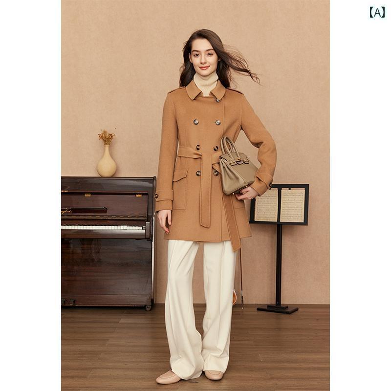 楽天ホープレディース かわいい リズ ハイエンドの キャメル 両面 カシミヤコート 女性用 ショート スタイル スモール ウール コート 2025 春秋