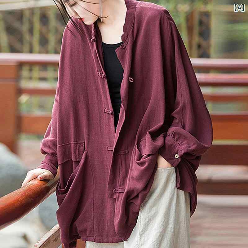 レディース シャツ かわいい くすみ レトロ リネン ショルダー シャツ 女性の 春と 秋の ミドル 丈 カーディガン スタンド アップ カラー シャツ 無地 ルーズ ハイ エンド コットンと リネン トップ(4)