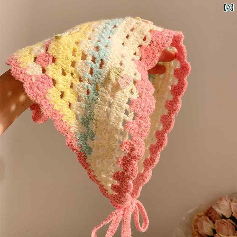 バンダナ おしゃれ レディース ミント ピンク ブルー ドーパミン ニット フラワー 三角 スカーフ ヘッ..