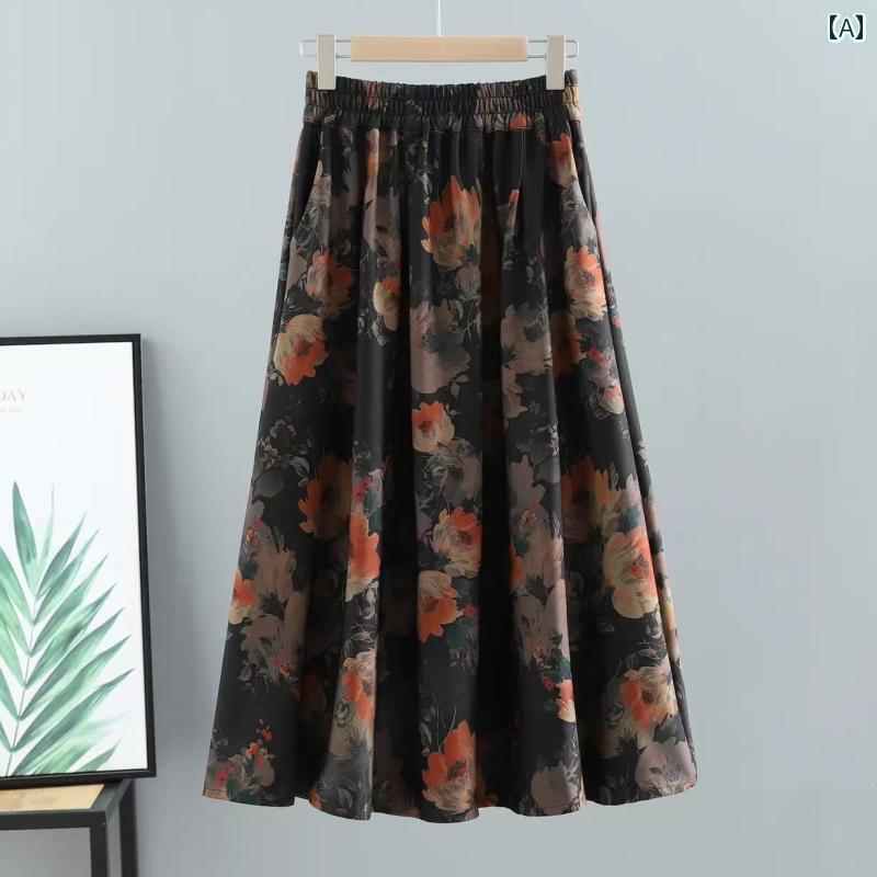 レディース スカート 春秋 スカート ハイウエスト スリミング 花柄 レディース 2025 レジャー 伸縮性 ウエスト aライン ドレープ ロング