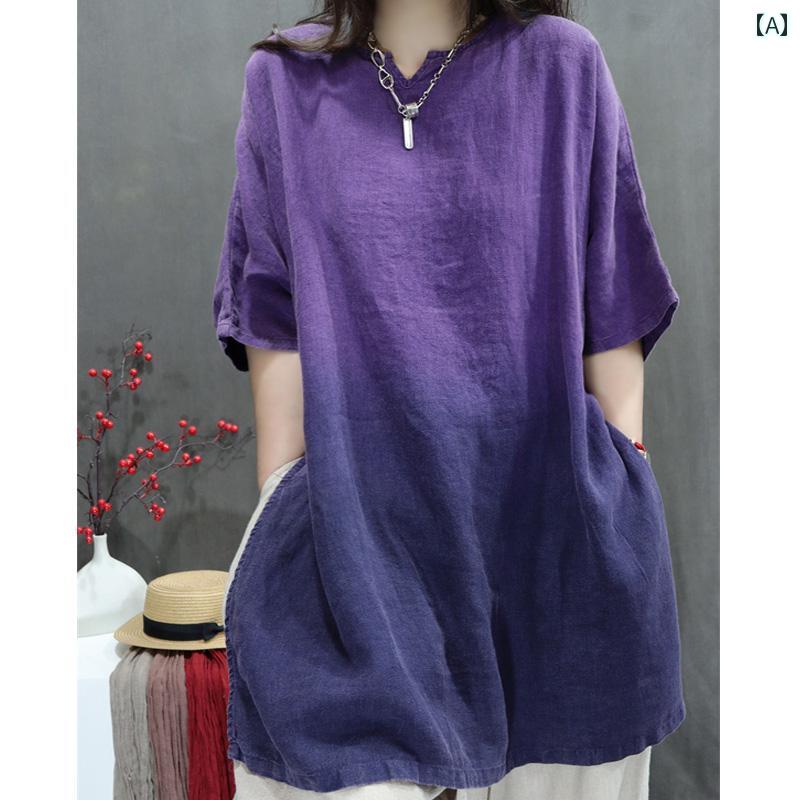 レトロな 吊り 染め リネンシャツ 女性 夏 新しい スタイルの 母親 ゆったり 高級 コットンリネン小さな シャツ ミディアム ロン グラミー トップ