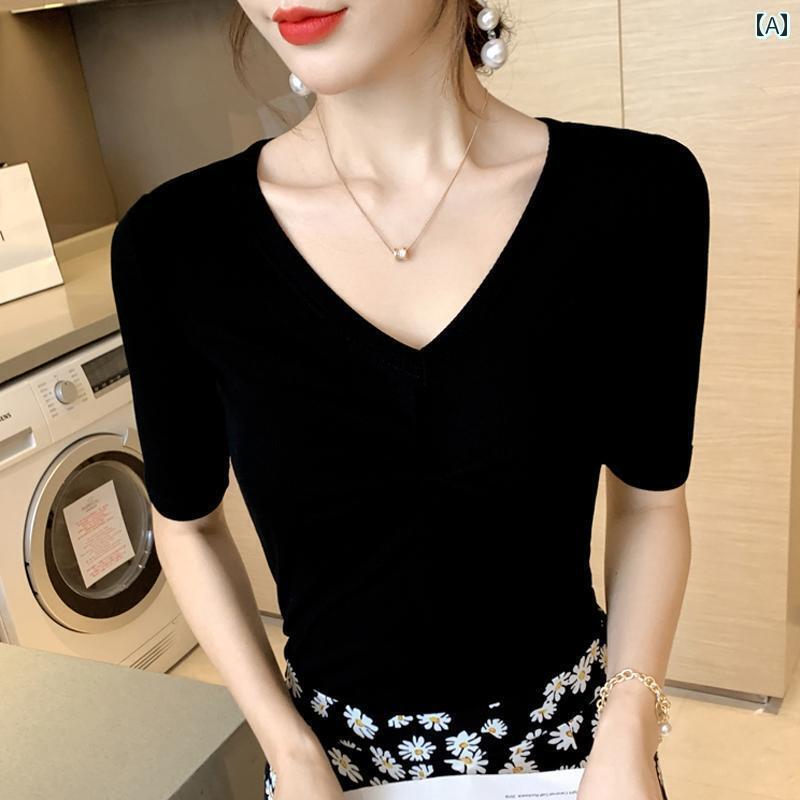 レディース スカート 黒の Vネック Tシャツ レディース ミッド スリーブ スリム モーダル シャツ 薄手 ..