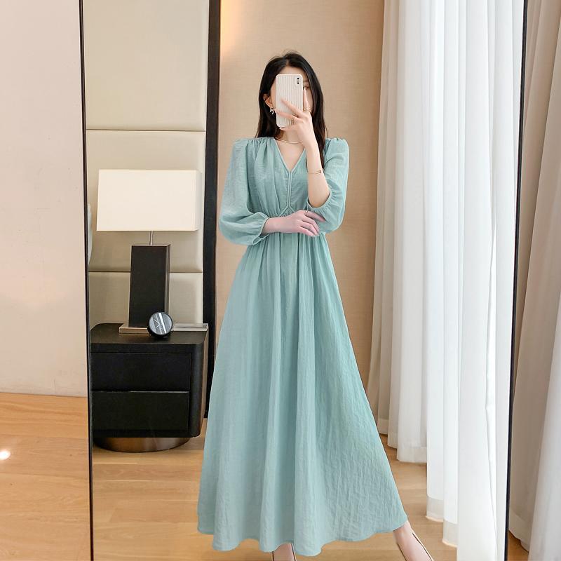 レディース スカート 洪小 燕 2025 春夏 レディース Vネック オーバーニー ミディアム 丈 ブルー ロン..