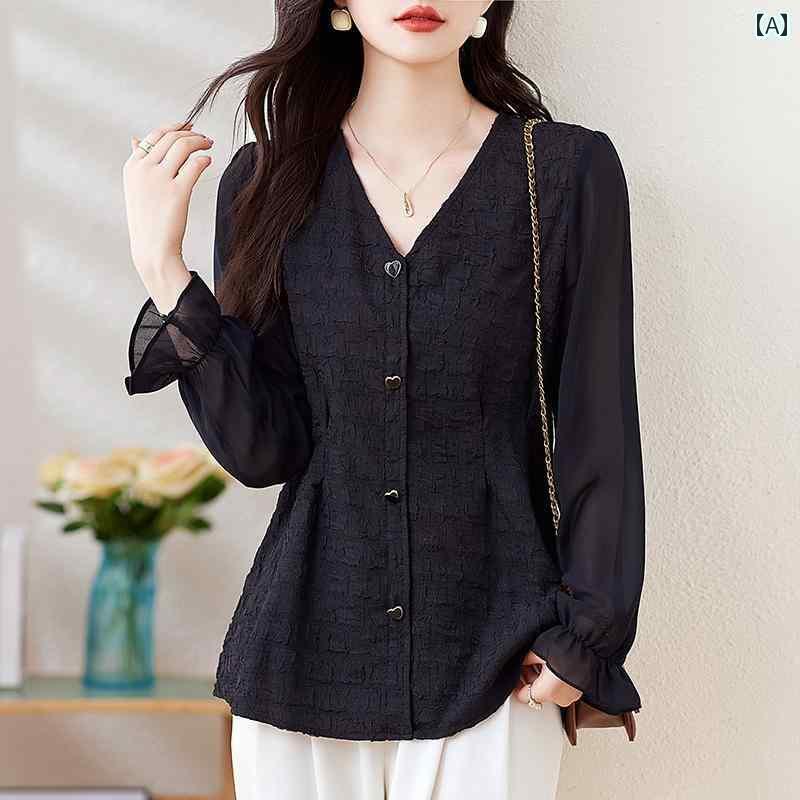 9月 Momo 長袖 Vネック シフォンシャツ レディース 2025 春 ゆったり 大きいサイズ お腹 カバー スリム シャツ