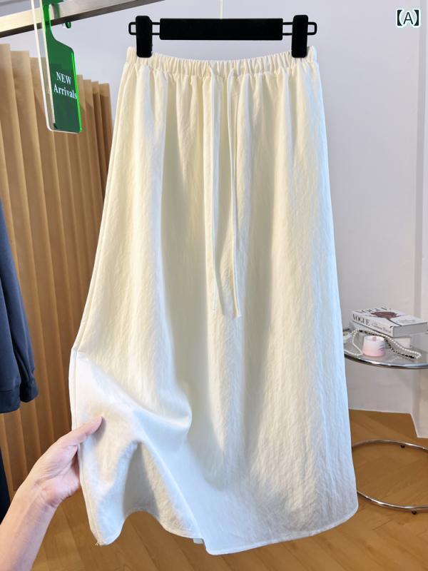 2025 春 ウォッシュド コットン カジュアル aライン スカート スリム ミディ 伸縮性 ウエスト ドローストリング