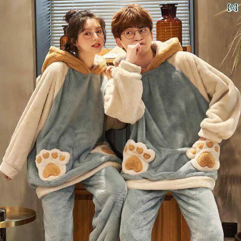 ルームウェア 春 アーバン ビューティー コーラル フリース カップル パジャマ レディース 秋冬 厚手 メンズ プラス スーツ プルオーバー ホームウェア