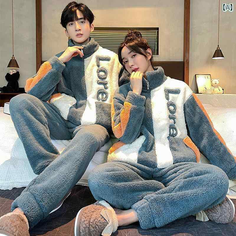 楽天ホープルームウェア 春 ビクトリア コーラル フリース カップル パジャマ 冬 スタイル 厚手 男女兼用 暖かい ジッパー ホームウェア スーツ