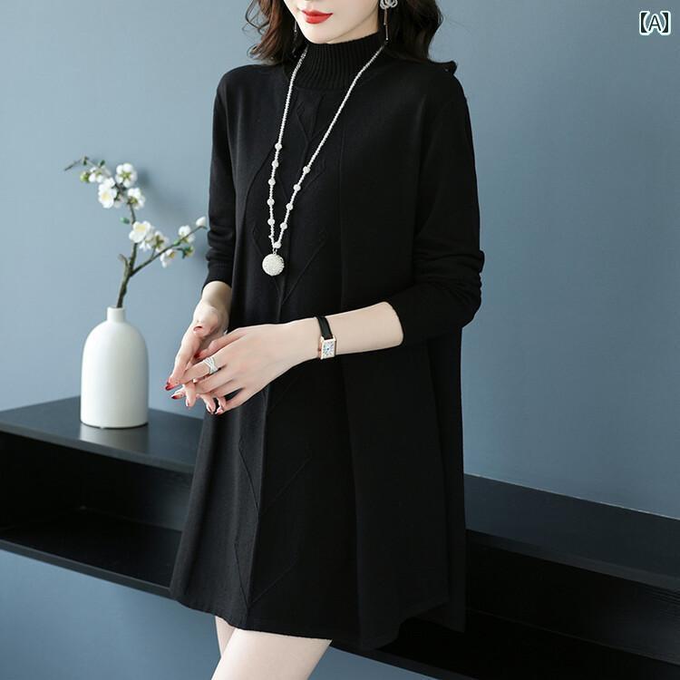 レディース おしゃれ 洋風 ママ 秋冬 ワンピース 大きめ サイズ 肉 厚 ウール セーター ミドルロング ..