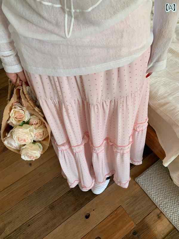 レディース おしゃれ 7 arewill 韓国 夏の 女の子 ピンクの ドット ガーリー ケーキ ウエスト ゴム ミ..