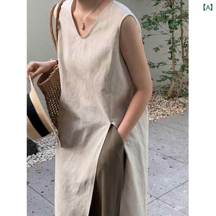 レディース オシャレ 夏の 女性用 コットンと リネンの スリット Vネックノースリーブ ドレス レトロ 禅 シンプルで ゆったり ゆったり リネンの 膝丈 ベスト ドレス